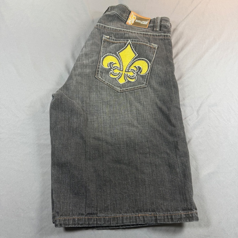 Evolution In Design Mens Black Denim Shorts Fleur De Lis Embroidered Size 40 Y2K